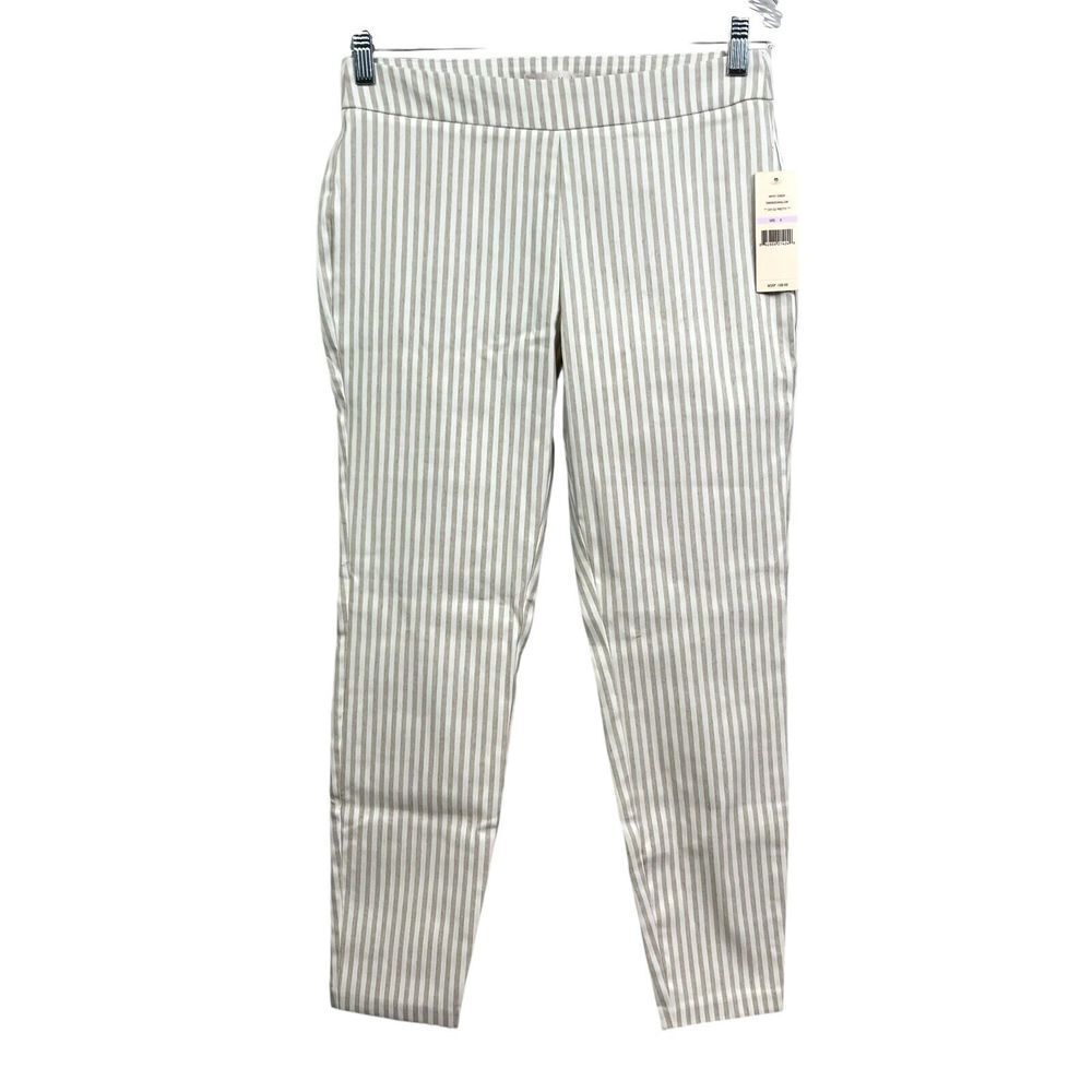 Nanette Lepore Women Linen Blend Pants Striped Skinny Ankle Stretch Tan Cream 6*